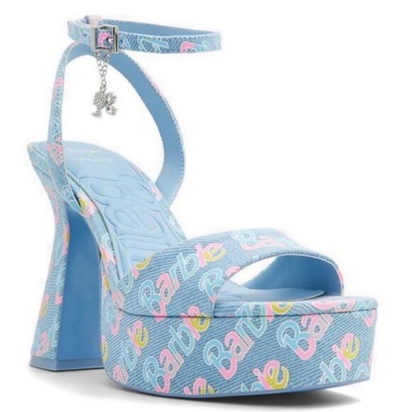 BRAND NEW ALDO BARBIE PARTY PRINTED  DENIM STRAPPY PLATFORM HEELED PLATF… G1 - Picture 5 of 16